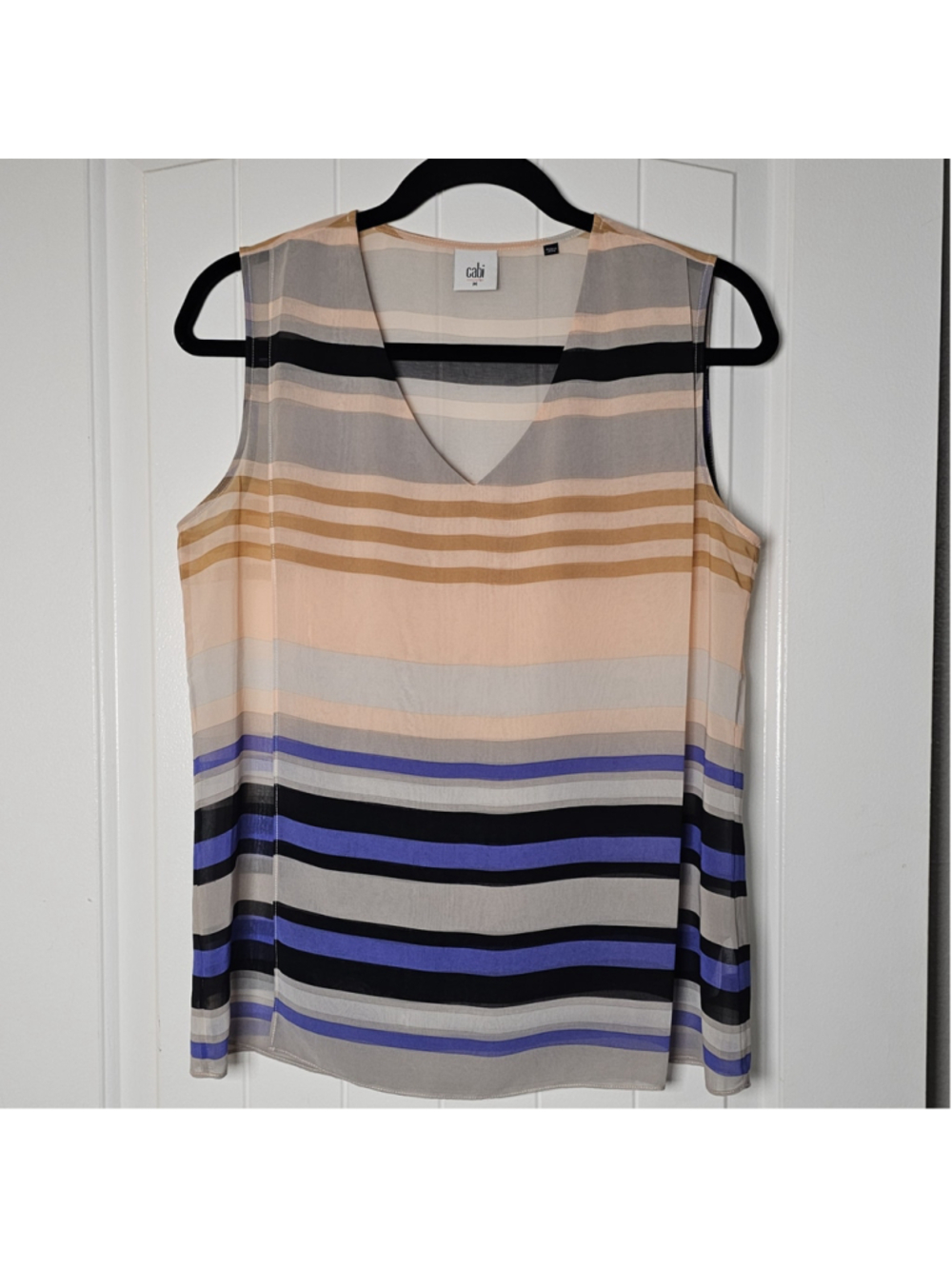 CAbi med striped, sheer tanktop blouse, pink, cream, blue, grey